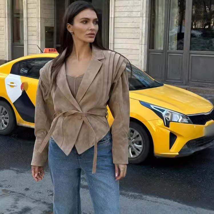 Women's transitional jacket in soft suede with adjustable belt and voluminous sleeves, size S