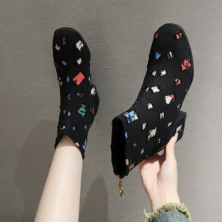 Modische Damen-Ankle-Boots mit kreativem geometrischem Print und elegantem Reißverschluss, Größe S
