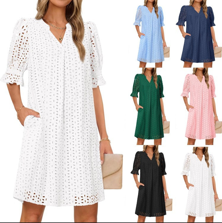 Women's airy summer dress with romantic openwork pattern and practical pockets, size