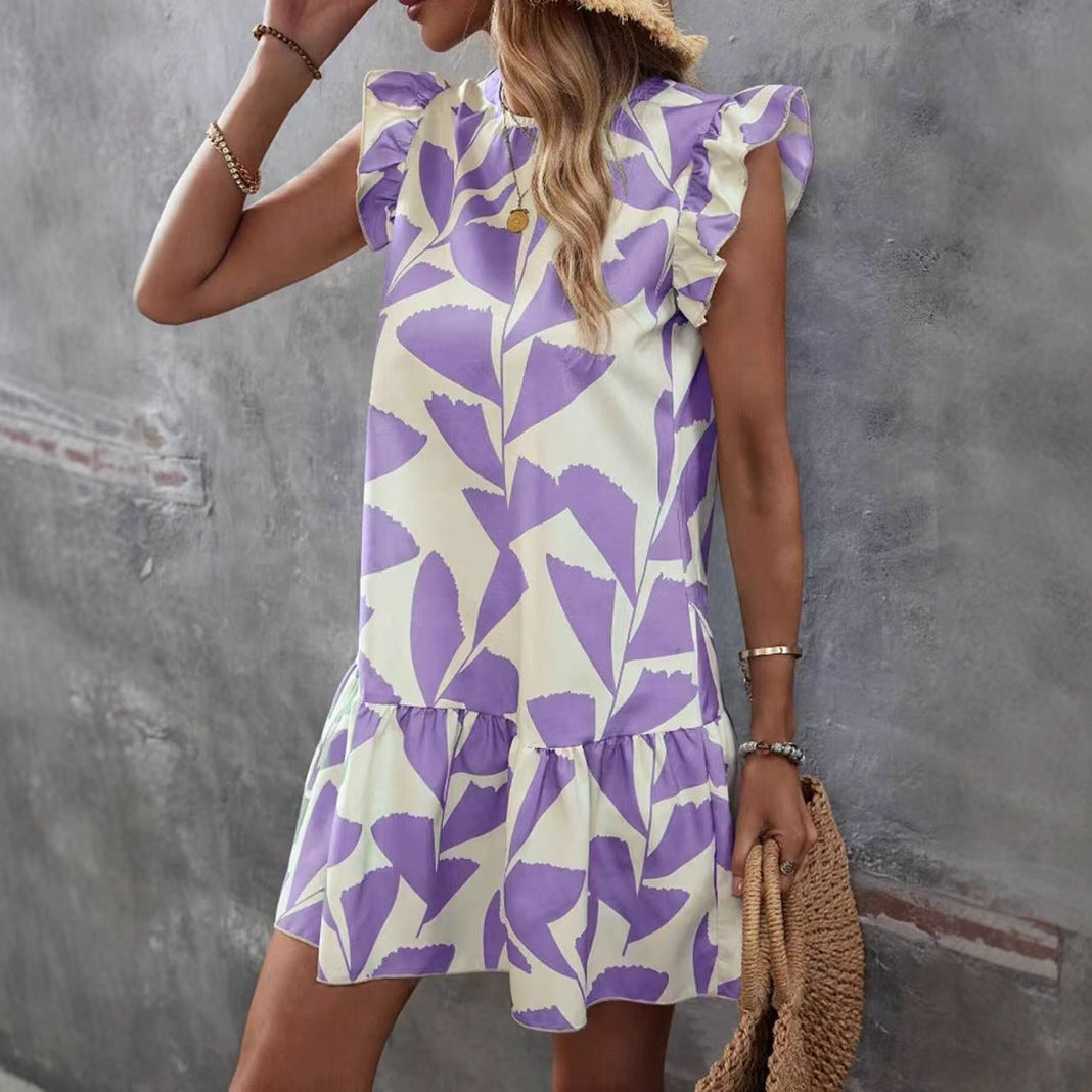 Women's summer dress with ruffle details and floral pattern, size