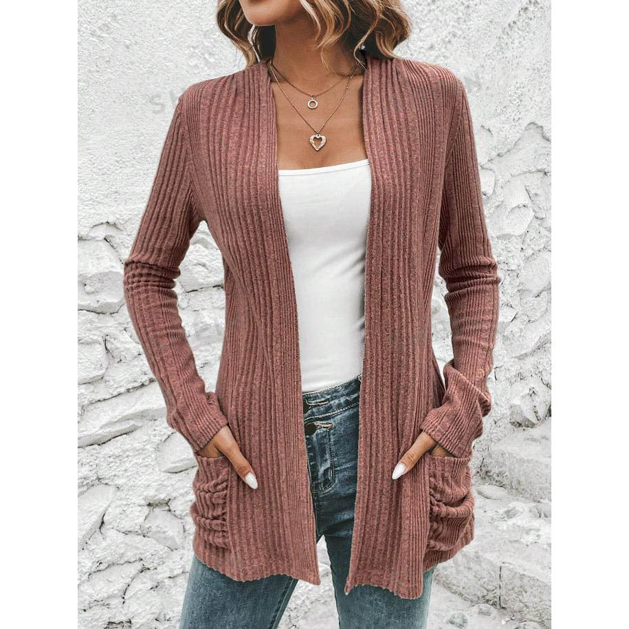 Feinstrick-Cardigan für Damen mit tiefem V-Ausschnitt und praktischen Taschen, Größe
