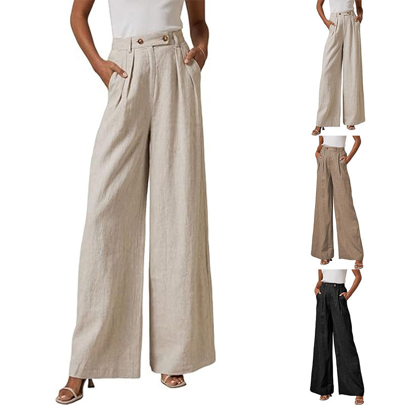 Women's elegant wide-leg linen trousers with a high waist and pleats, size
