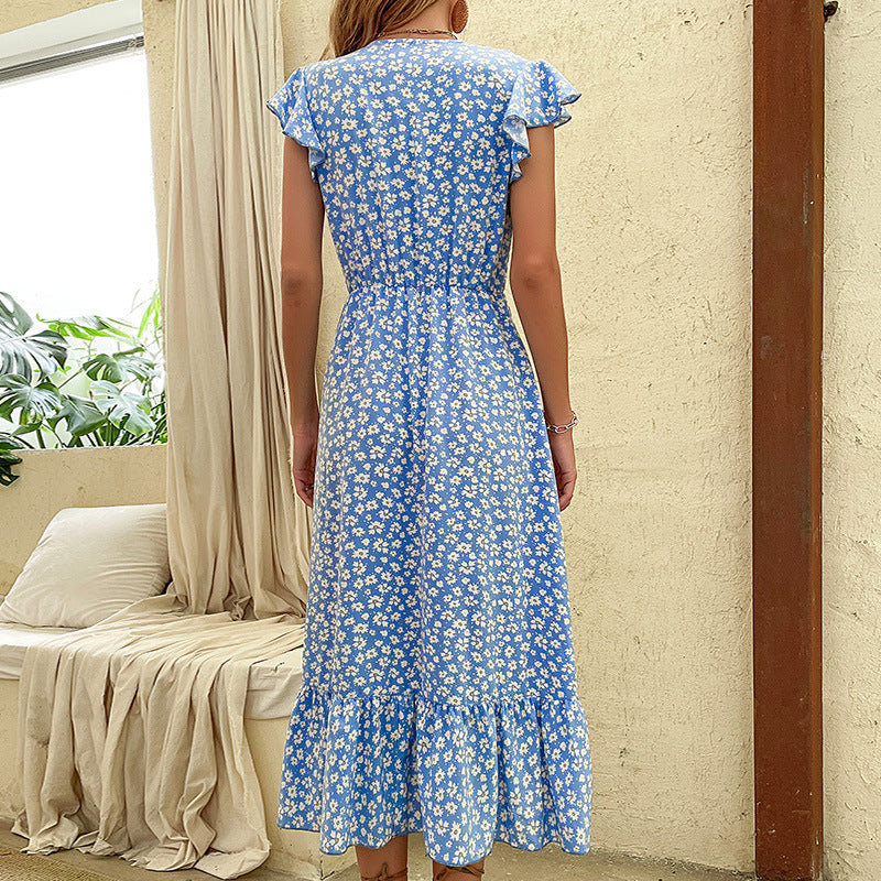 Women's midi dress with floral design and romantic V-neck, size