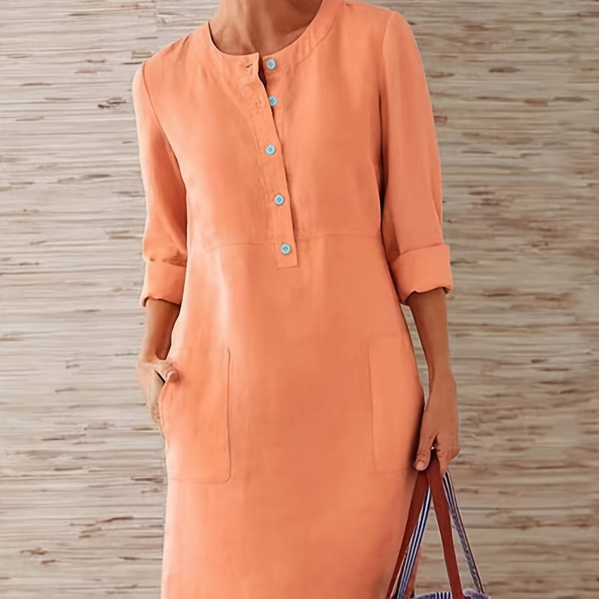 Women's versatile dress with button placket and practical pockets, size