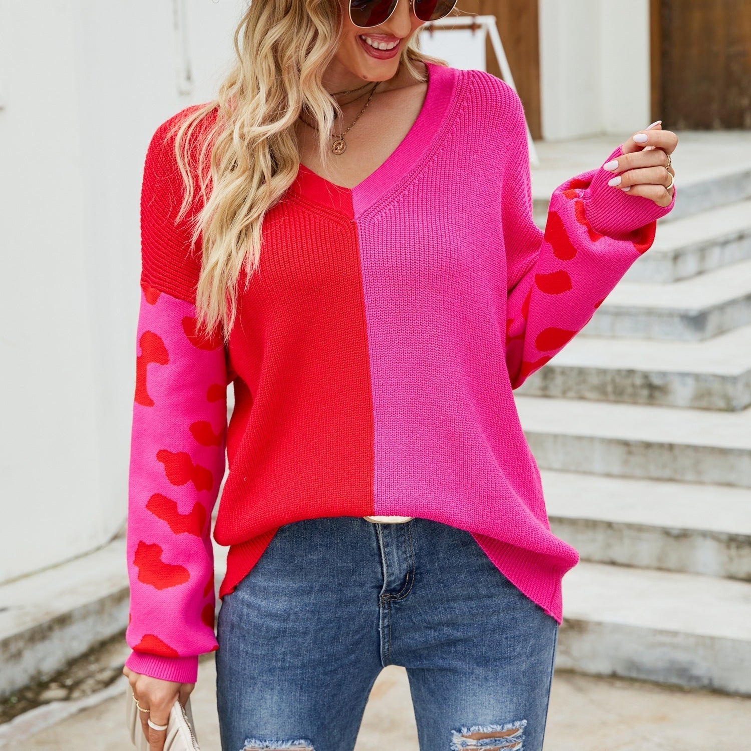 Women's colorful sweater in a fashionable color-block design with leopard print, size S