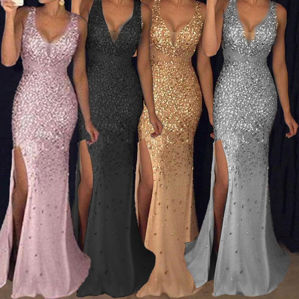 Women's sparkling evening dress with deep V-neck and side slit, size