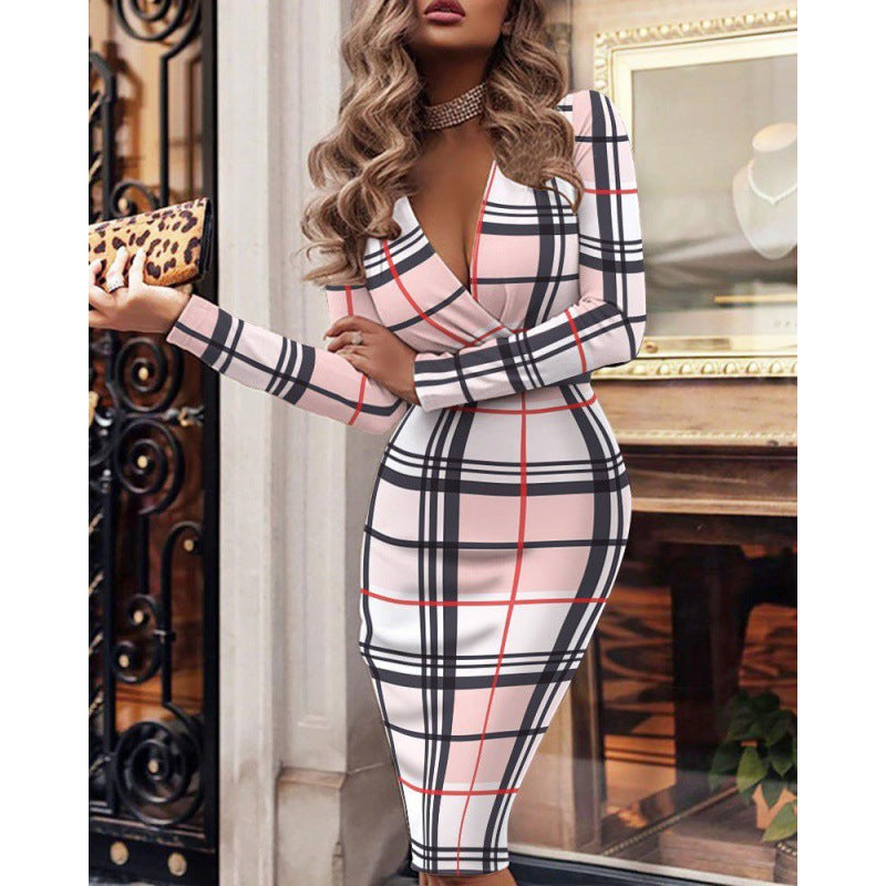 Damen figurbetontes Wickelkleid mit Karo-Muster und tiefem V-Ausschnitt Drune