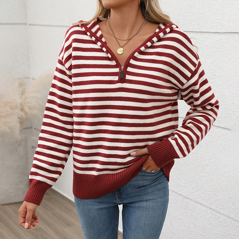 Women's cozy knit sweater with fashionable zipper and striped pattern, size