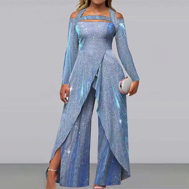 Women's glamorous jumpsuit with shimmering sequin trim and elegant cut-outs, size Valenzora