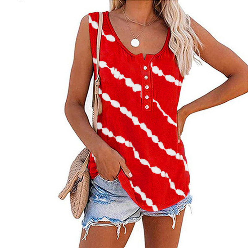 Ärmelloses Damen-Top mit Knopfleiste und modernem Batikmuster, Größe