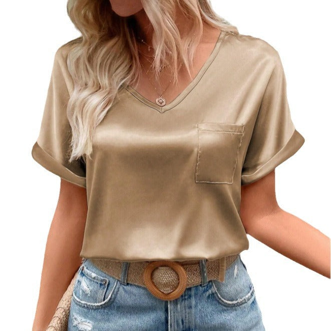 Damen-Satin-T-Shirt mit V-Ausschnitt, Brusttasche und lässiger Passform, Größe