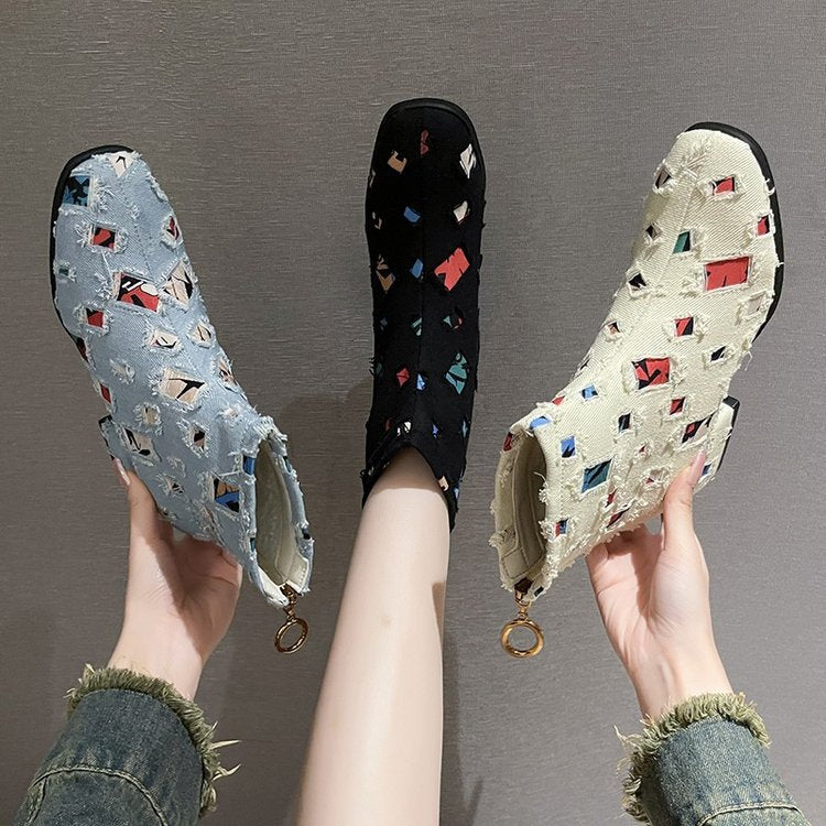 Modische Damen-Ankle-Boots mit kreativem geometrischem Print und elegantem Reißverschluss, Größe S