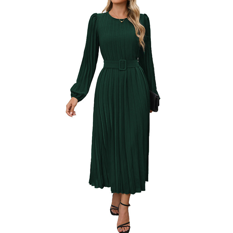 Plissiertes Damenkleid mit Taillengürtel und langen Ärmeln, Größe