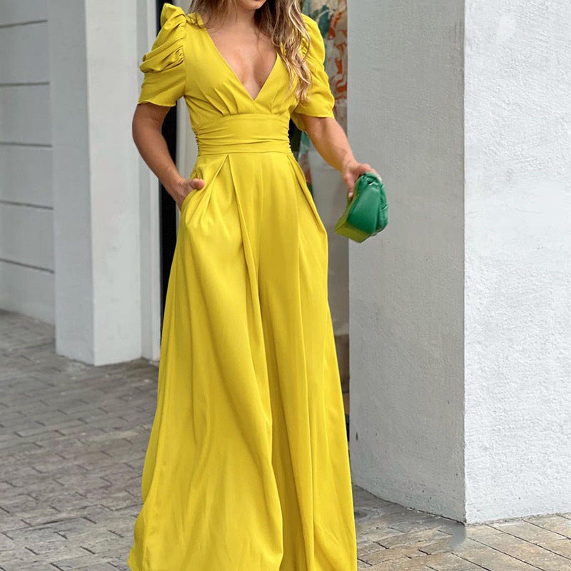 Women's puff sleeve jumpsuit with deep V-neck and wide legs, size [size missing]