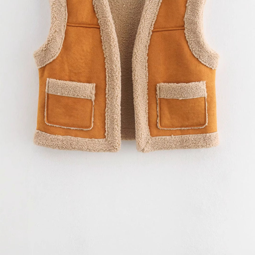 Teddy-Weste für Damen mit praktischen Taschen und hohem Kragen, Größe