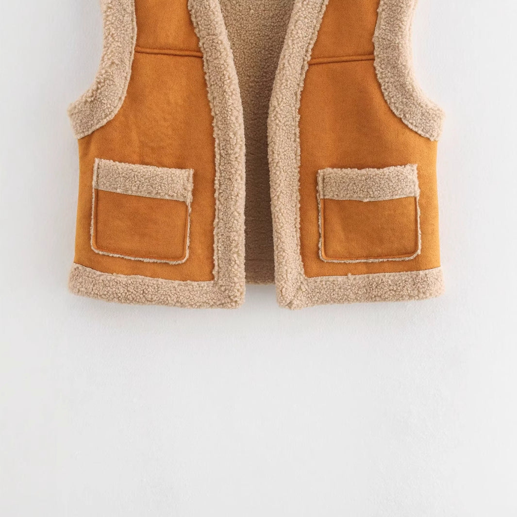 Teddy-Weste für Damen mit praktischen Taschen und hohem Kragen, Größe