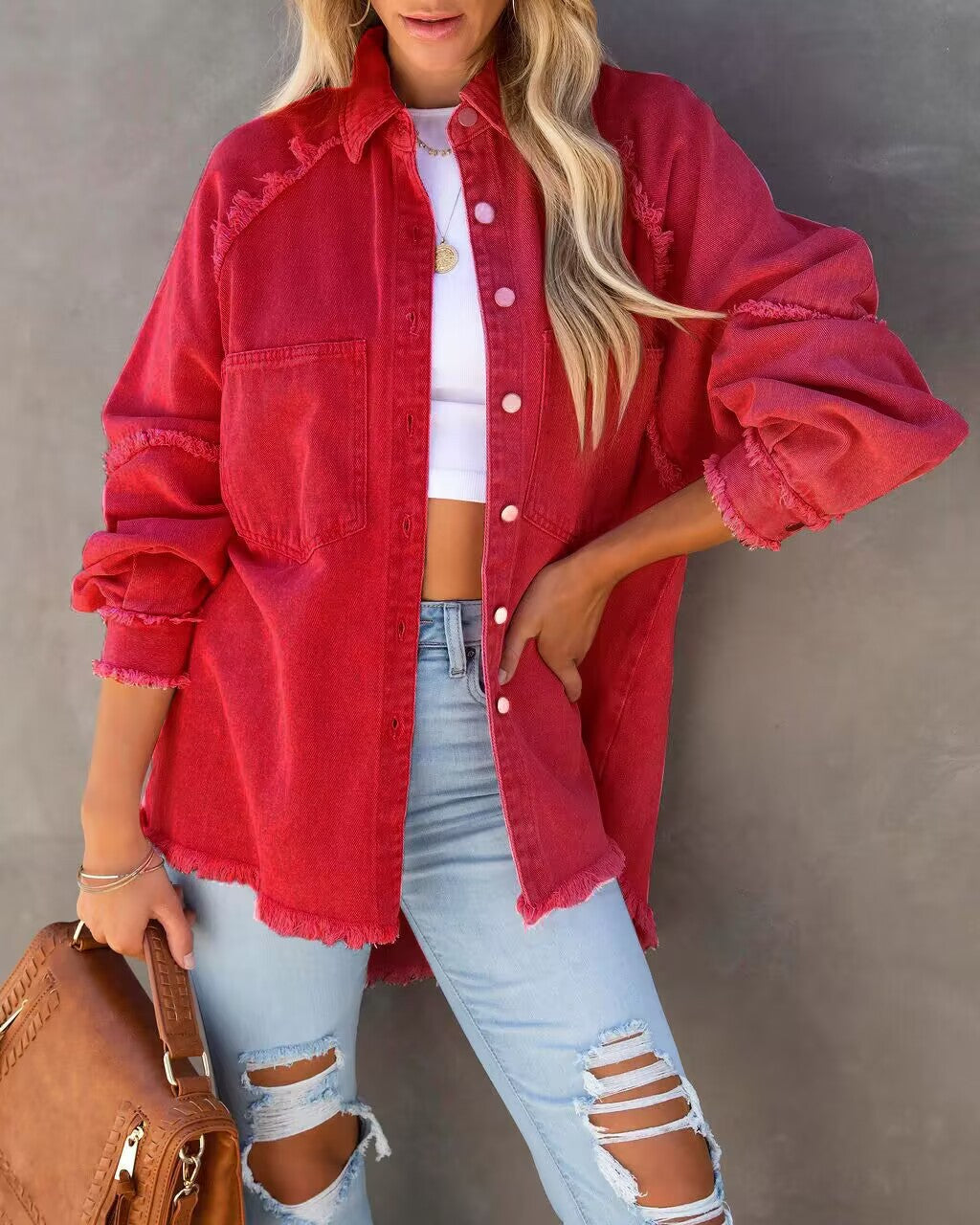 Women's casual overshirt jacket in lightweight denim with fringed details, size S