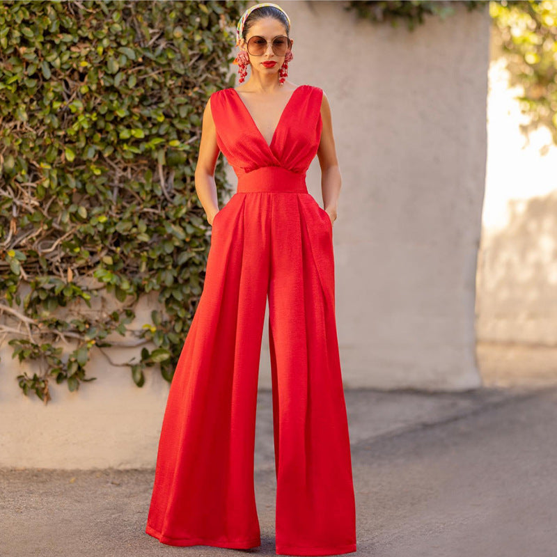 Valenzora | Jumpsuit High Waist Ärmellos Tiefer V-Ausschnitt Weites Bein Elegante Passform