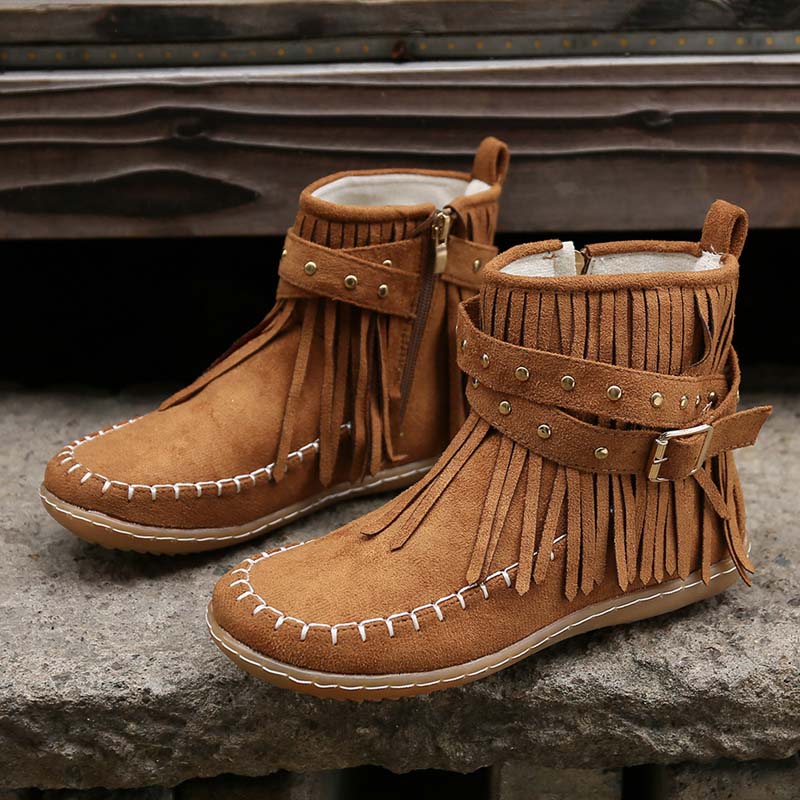 Valenzora | Boho ankle boots with fringes and buckles for women