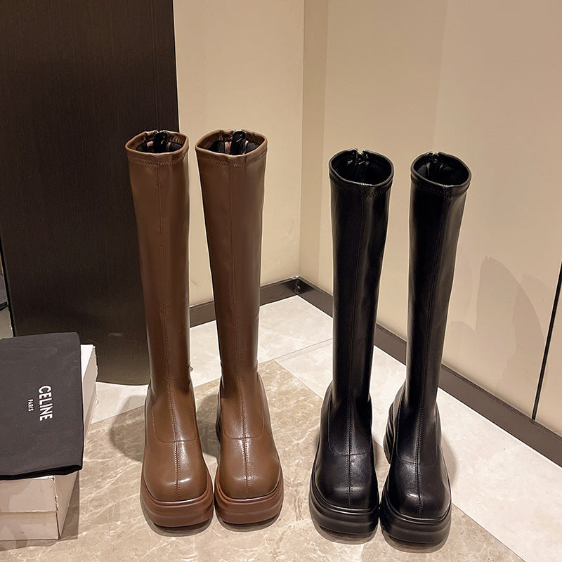 Damen modische Stretch-Stiefel mit dicker Plateau-Sohle, Größe S