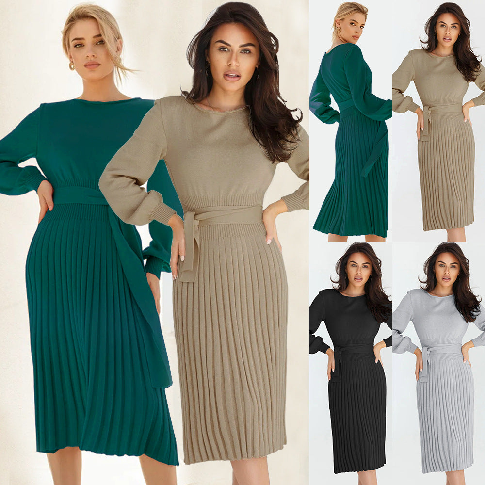 Damen-Strickkleid mit verstellbarem Gürtel und langen Ärmeln, Größe