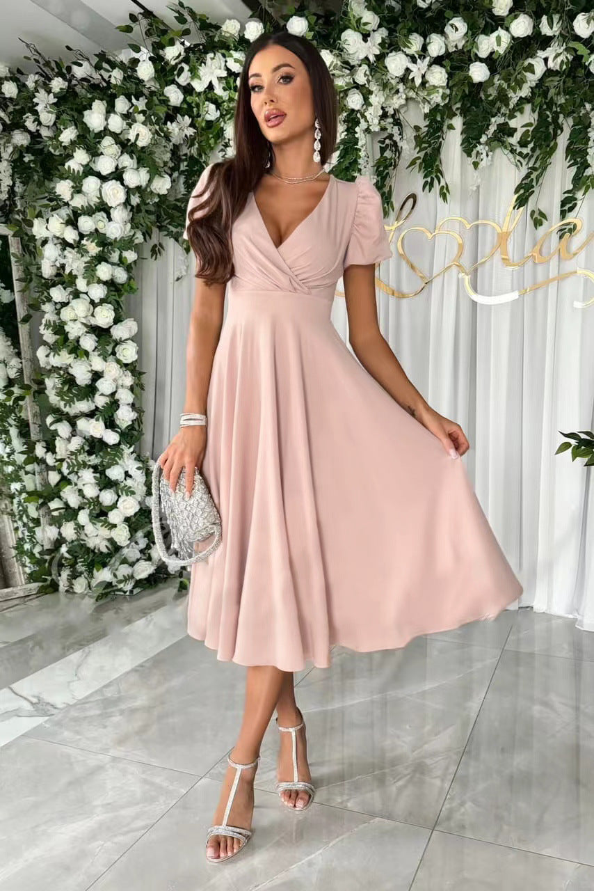 Valenzora | Stylish Commuting Solid Color V-Neck Puff Sleeve Dress