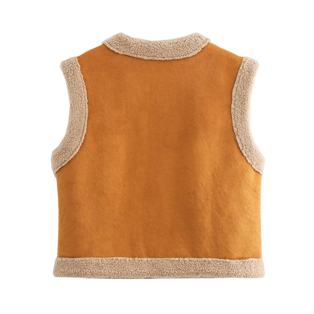 Teddy-Weste für Damen mit praktischen Taschen und hohem Kragen, Größe