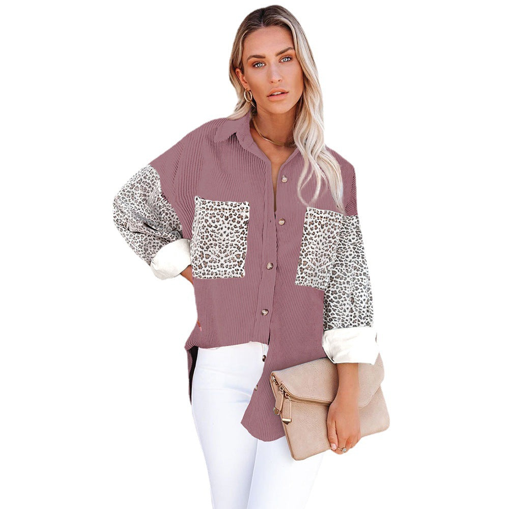 Women's trendy corduroy jacket with leopard details, size