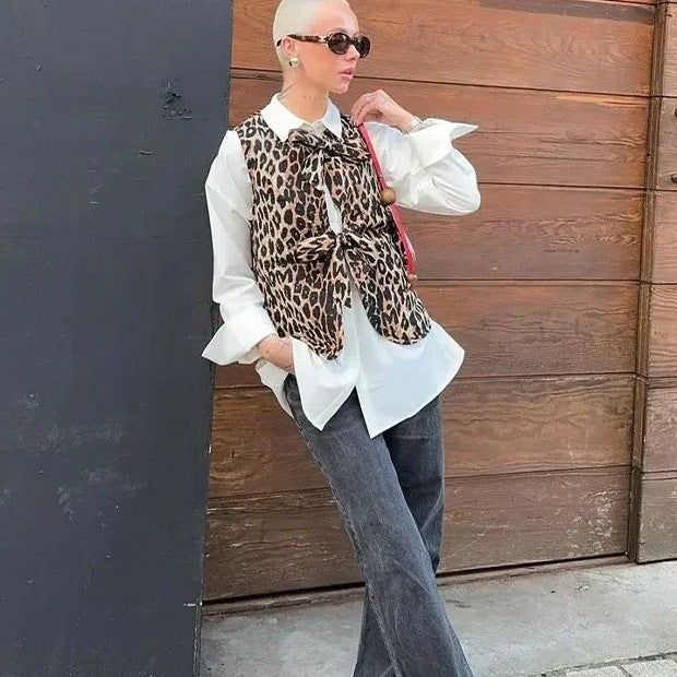 Women's vest in trendy leopard print with playful tie belt, size