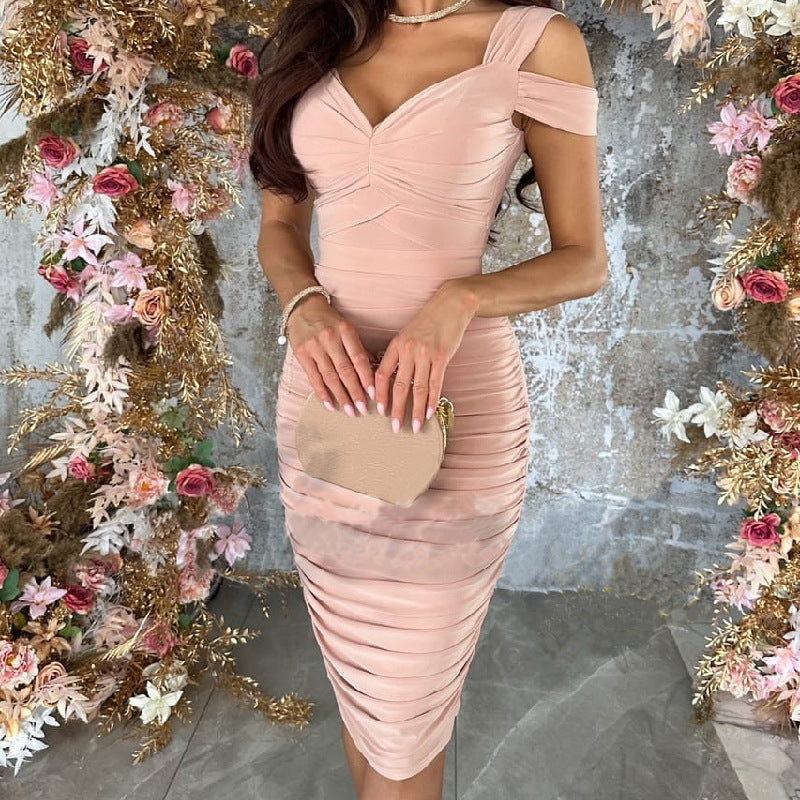 Women's bodycon dress with asymmetrical neckline and ruffle details, size