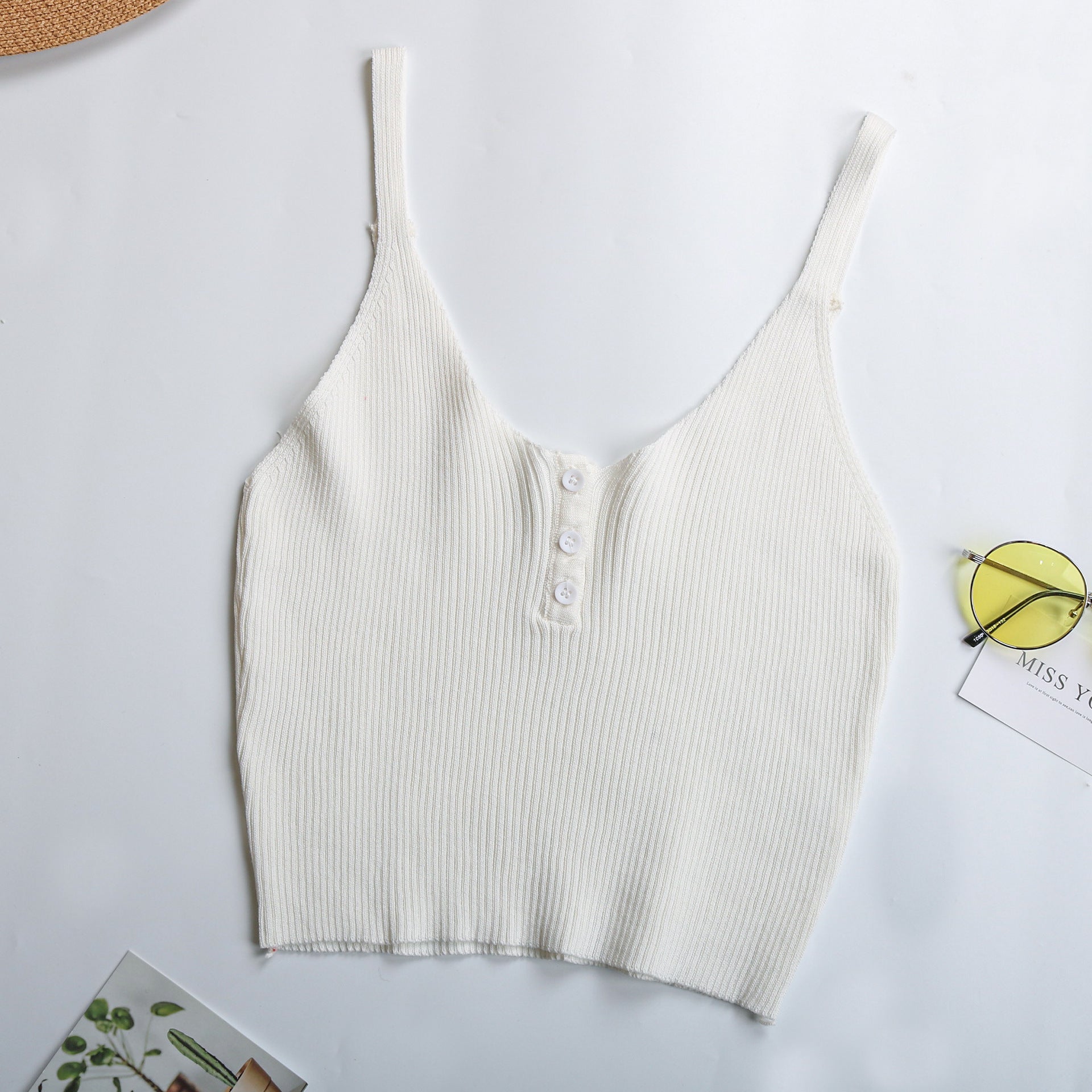 Women's casual tank top with full button placket and ribbed texture, size S