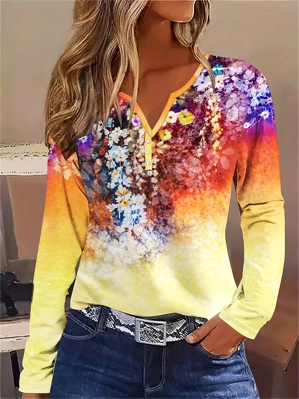 Valenzora | Florales Langarmshirt mit Rundhalsausschnitt