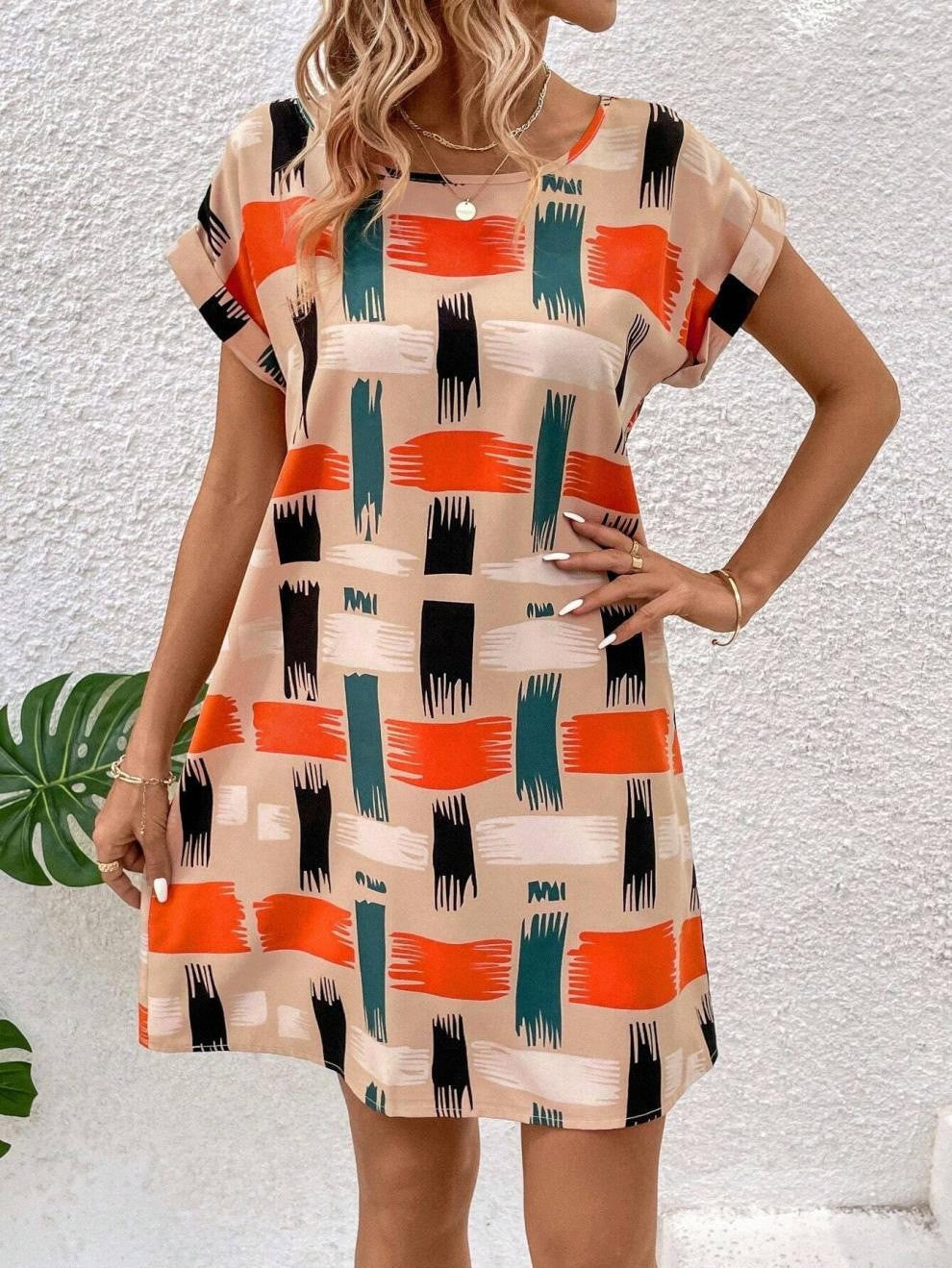 Valenzora | Printed Batwing Sleeve Round Neck Dress