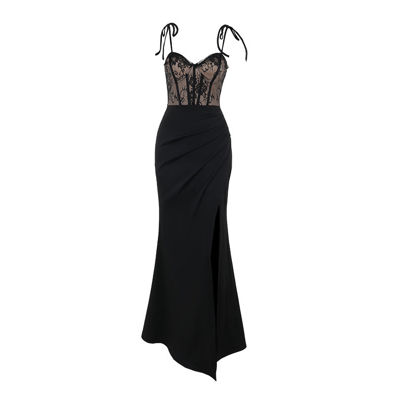 Women's evening dress with lace top and elegant slit, size