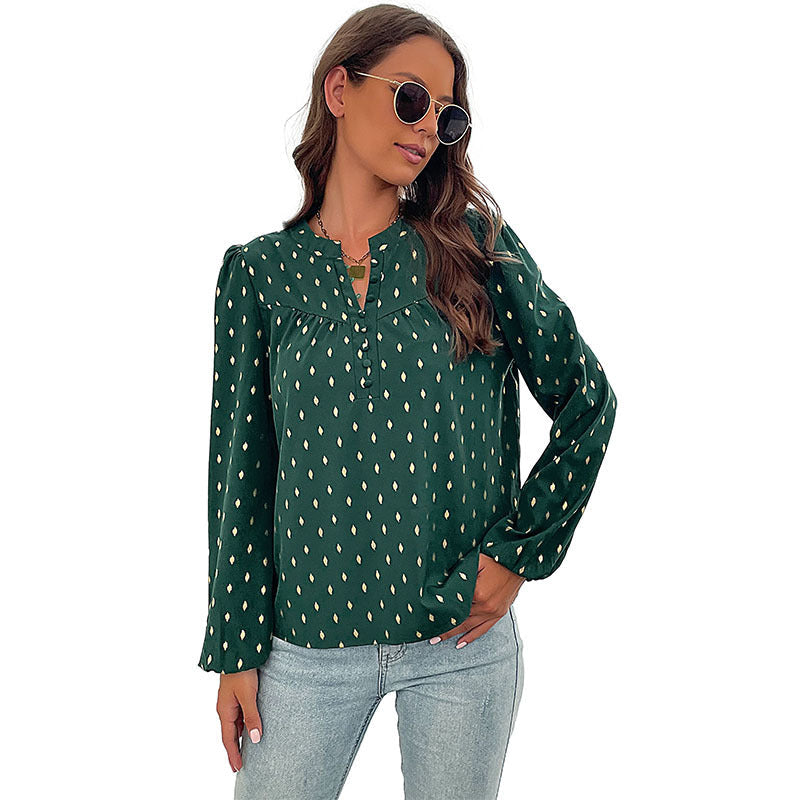 Women's blouse with decorative buttons and elegant ruching, size