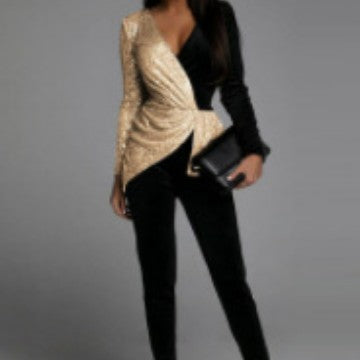 Valenzora | Monochrome Temperament Pendulum High-Waisted Sequined Jumpsuit