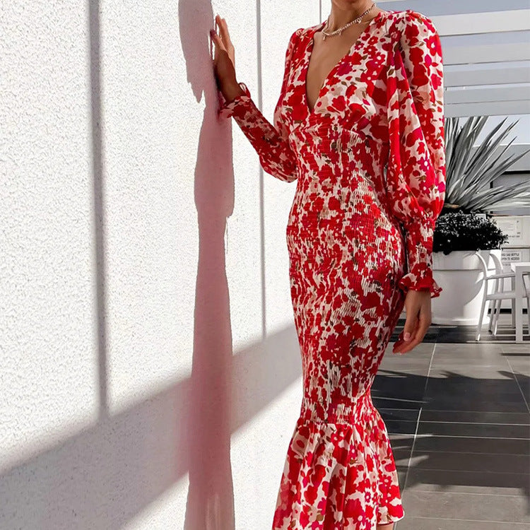 Damenkleid mit Blumenmuster und voluminösen Ärmeln, Größe [size missing]