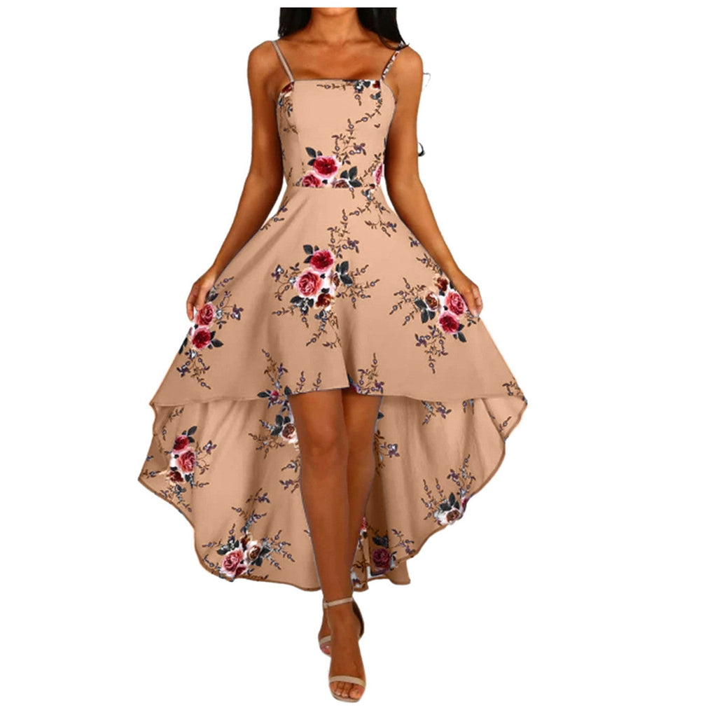 Damen asymmetrisches Blumenkleid mit dekorativen Spaghettiträgern und schwingendem Saum Drune