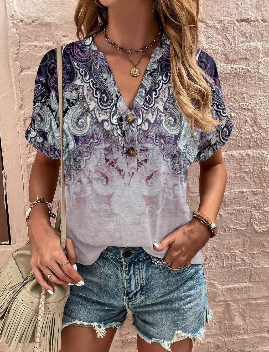 Valenzora | Trendy printed button-up short-sleeved top