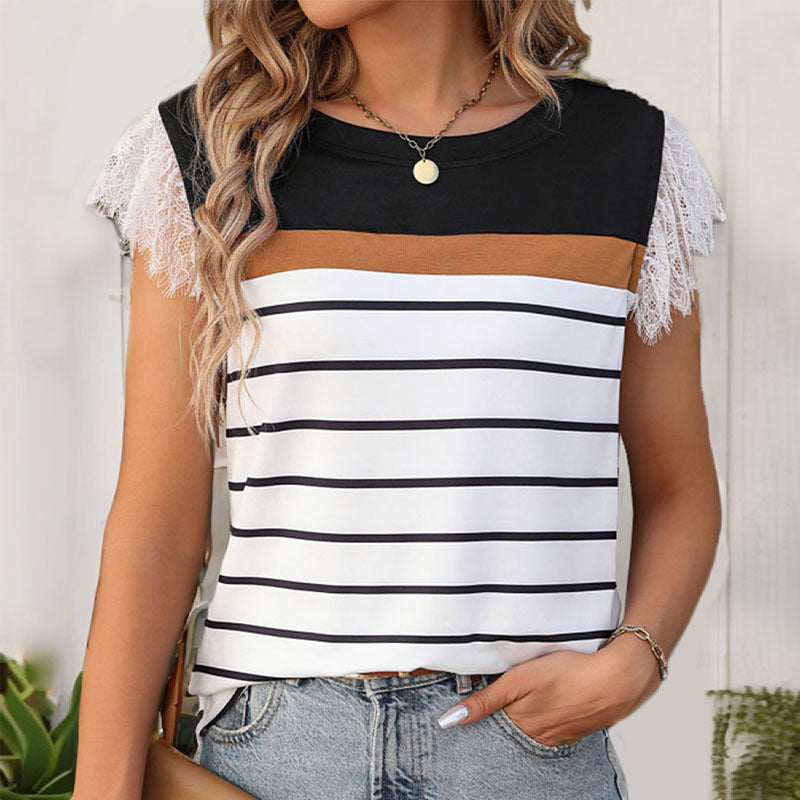 Damen-T-Shirt mit eleganter Spitzenborte und Streifen-Design, Größe S