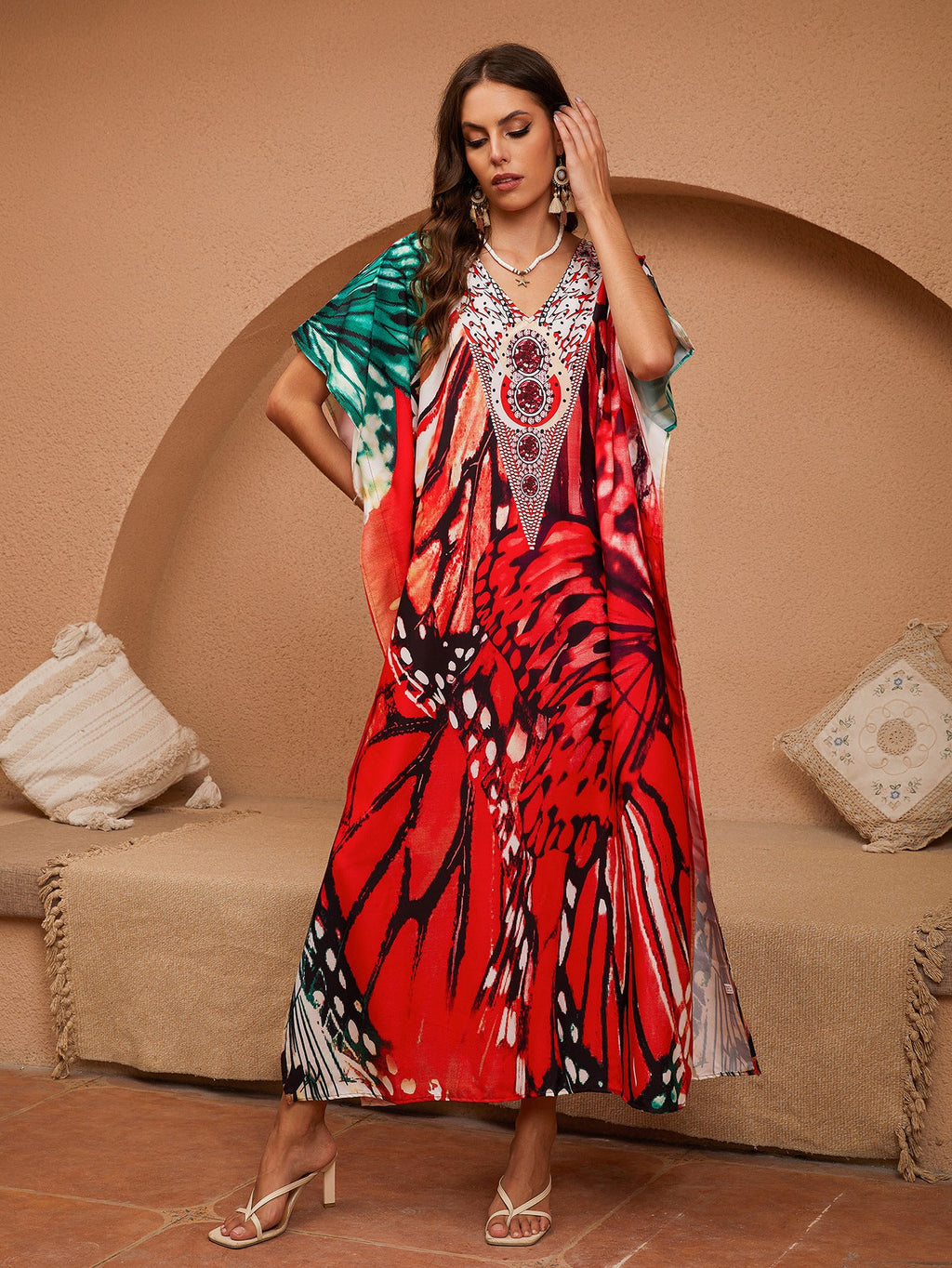 Women's Kaftan with Ornate Design and Elegant Pearl Embellishments Drune