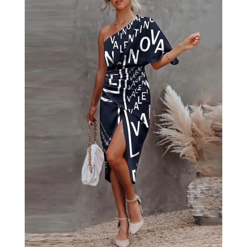 Women's chic, asymmetrical evening dress with an elegant slit and sophisticated draping, size Valenzora