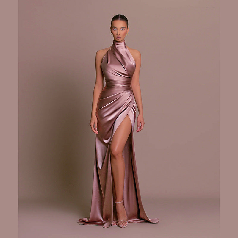Valenzora | Brautjungfernkleid Satin Neckholder Rückenfrei Ärmellos Elegant Hochzeit Cocktail Zeremonie Gast