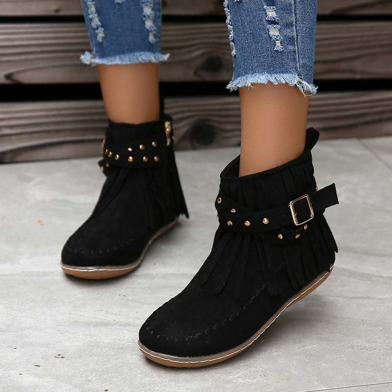 Valenzora | Boho ankle boots with fringes and buckles for women