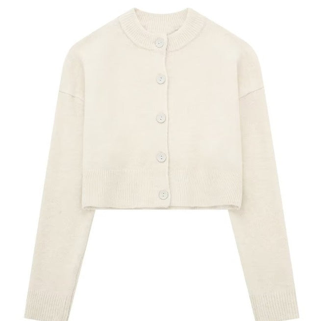 Women's short cardigan with button placket and elegant round neckline, size