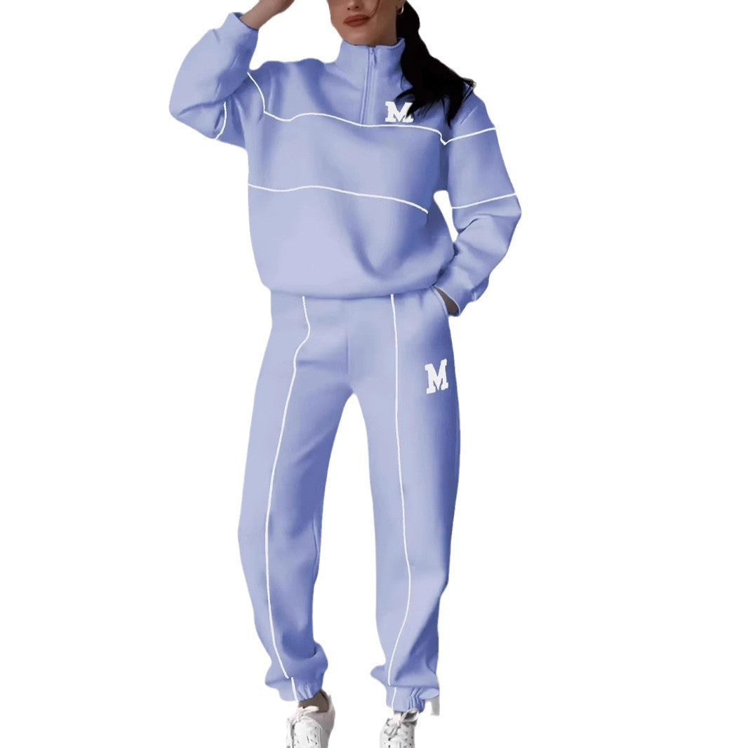 Women's sporty fleece suit set with stand-up collar and practical pockets, size S