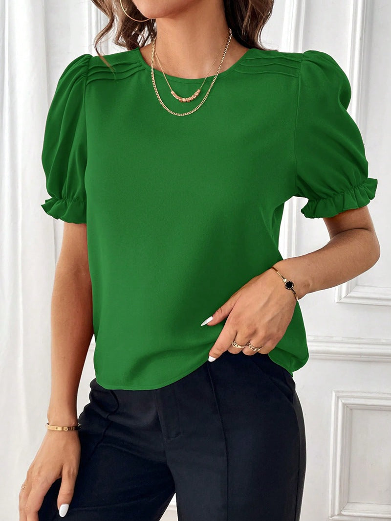 Valenzora Pure-Color Rundhals-Shirt-Oberteil mit Temperament