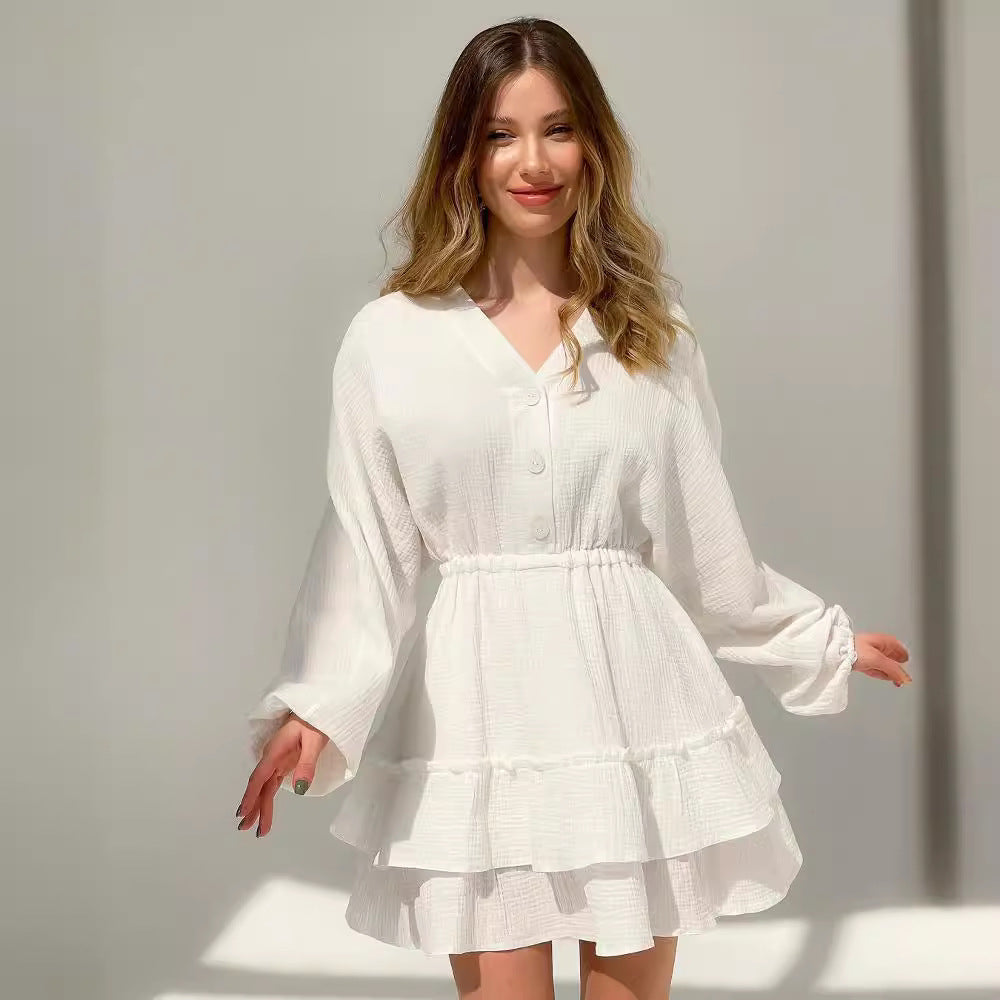Women's casual babydoll dress with button details and voluminous sleeves, size [size missing]