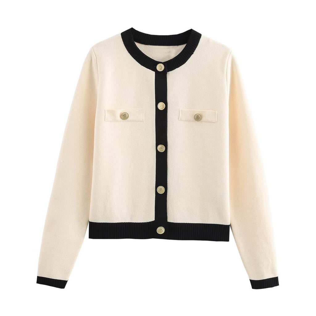 Valenzora | Spring Golden Button Contrast Knit Cardigan Top