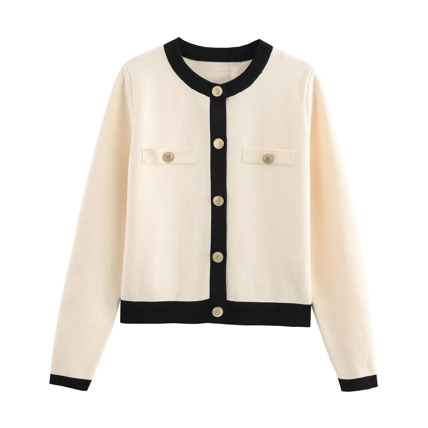 Valenzora | Spring Golden Button Contrast Knit Cardigan Top
